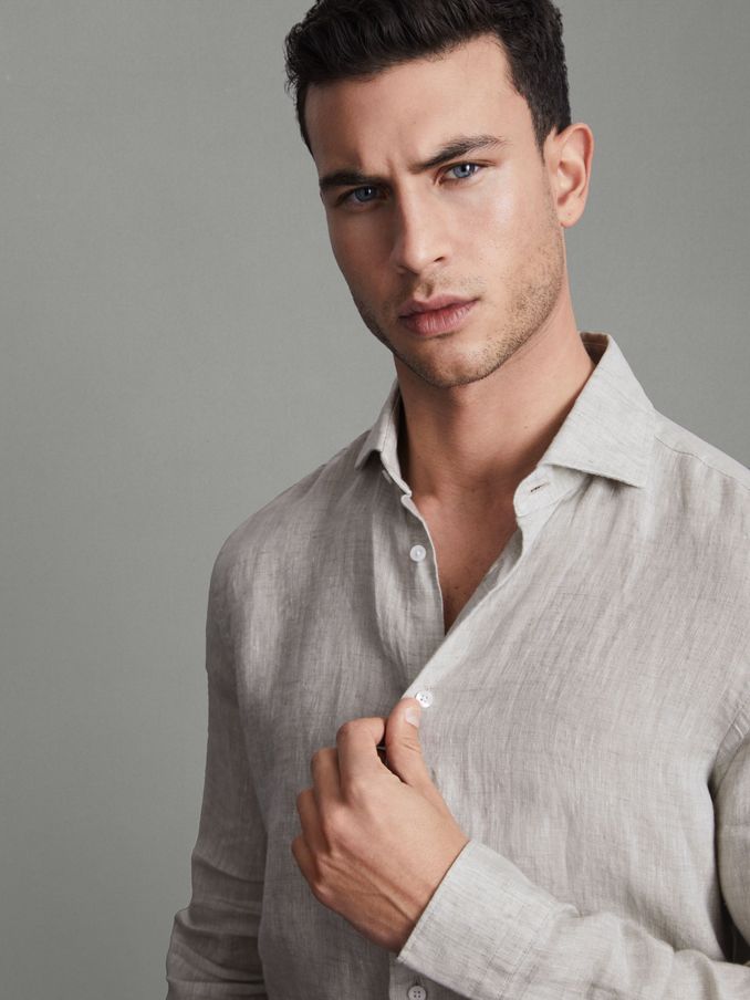 Linen Button-Through Shirt in Stone (Q72194) | HK$881