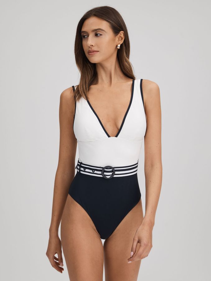 Colourblock Belted Swimsuit in White/Navy (Q72197) | 272 SAR
