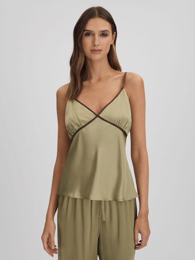 Maison Essentiele Silk Contrast Trim Cami in Olive (Q74695) | €102