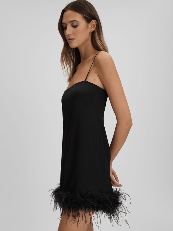 Maison Essentiele Silk Feather Trim Nightdress in Black (Q74705) | €168