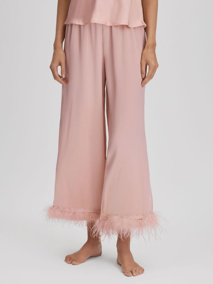 Maison Essentiele Silk Feather Trim Pyjama Bottoms in Blush (Q74724) | HK$2,195
