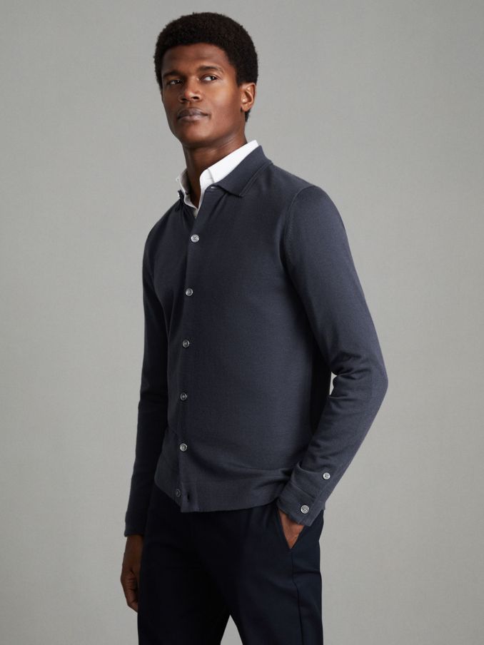 Merino Wool Button-Through Cardigan in Blue Smoke (Q74737) | US$96