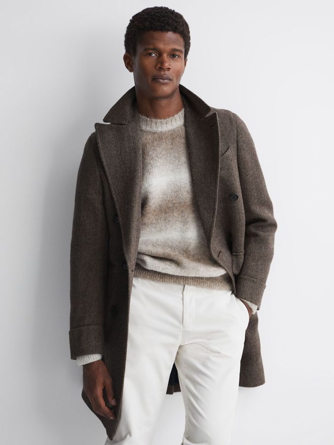 Oscar Jacobson Double Breasted Wool Herringbone Coat in Dark Brown (Q75826) | €572