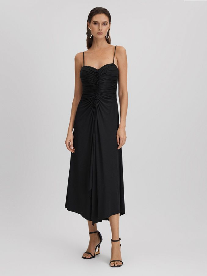 Halston Ruched Jersey Midi Dress in Black (Q77749) | 1,125 SAR