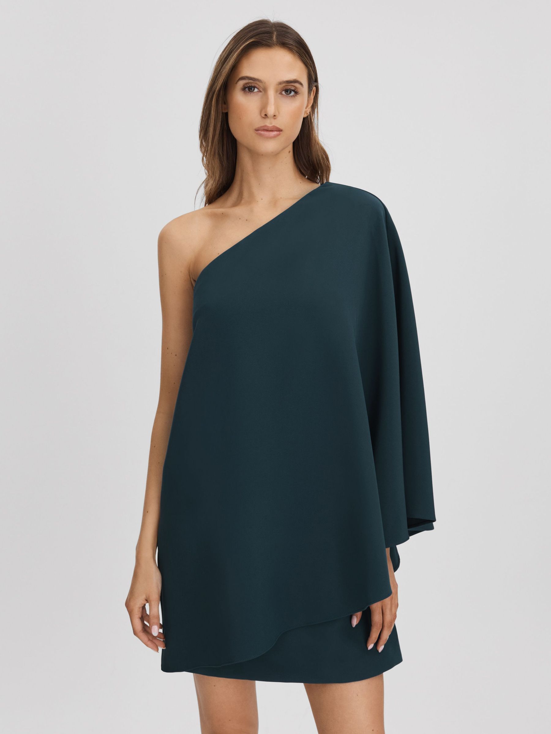Halston One-Shoulder Cape Sleeve Mini Dress in Jasper (Q77763) | US$277