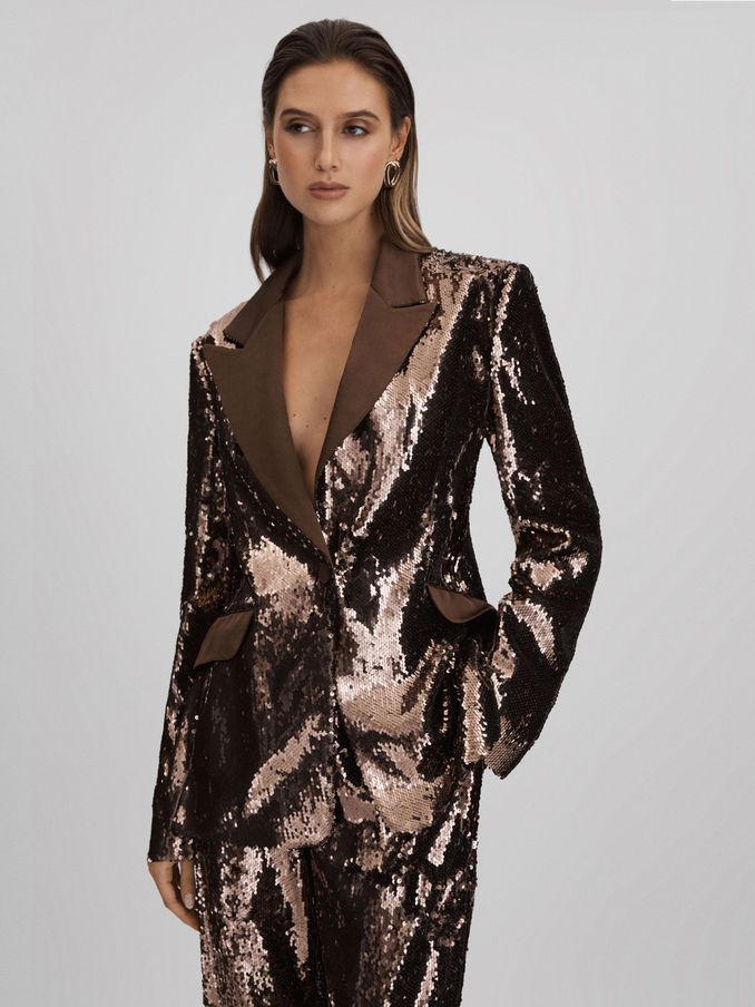 Halston Tailored Sequin Single Breasted Blazer in Java (Q77766) | 1,421 SAR