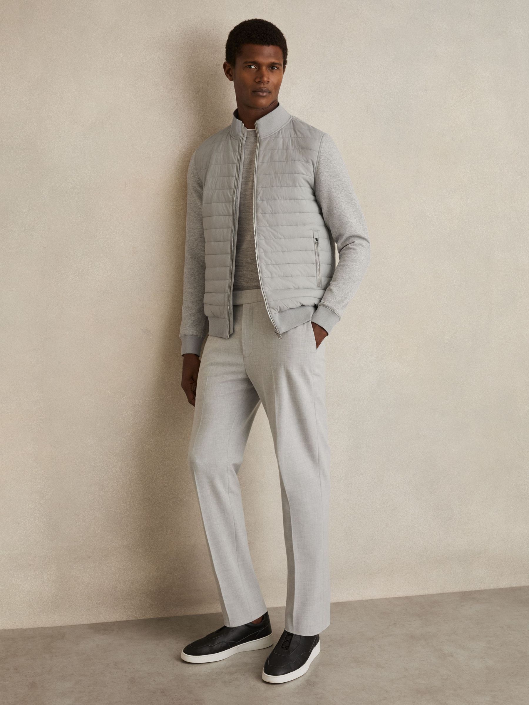 Hybrid Quilt and Knit Zip-Through Jacket in Soft Grey Melange (Q77789) | €111