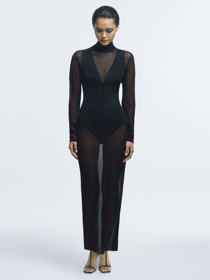 Sheer Knitted Maxi Dress in Black (Q78168) | US$157