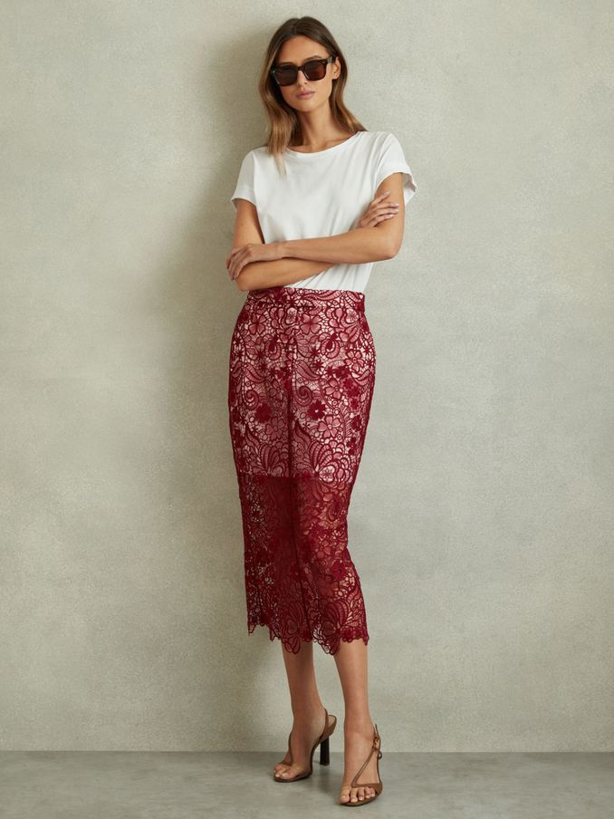 Sheer Lace Midi Pencil Skirt in Burgundy (Q78648) | US$95