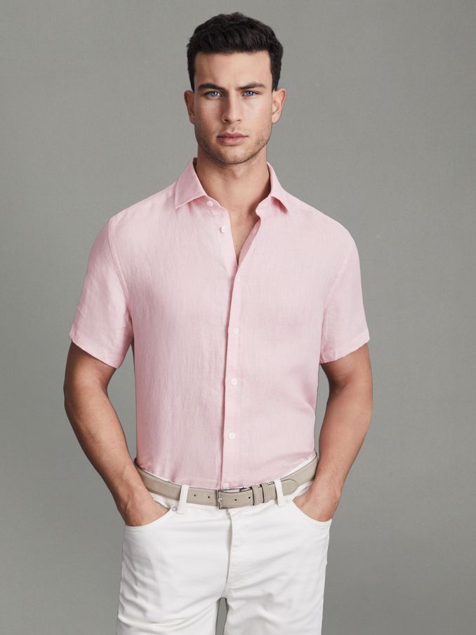 Holiday Flamingo Slim Fit 100% Linen Shirt (Q78843) | US$46