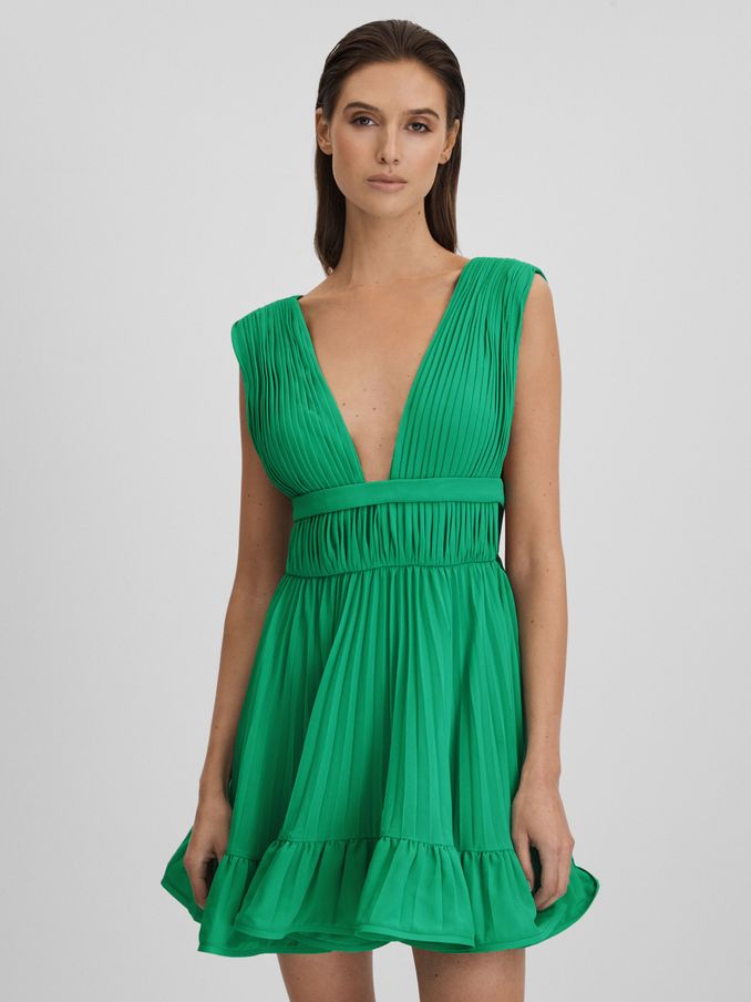 Amur Pleated Plunge Neck Mini Dress in Snow Pea (Q78846) | €277
