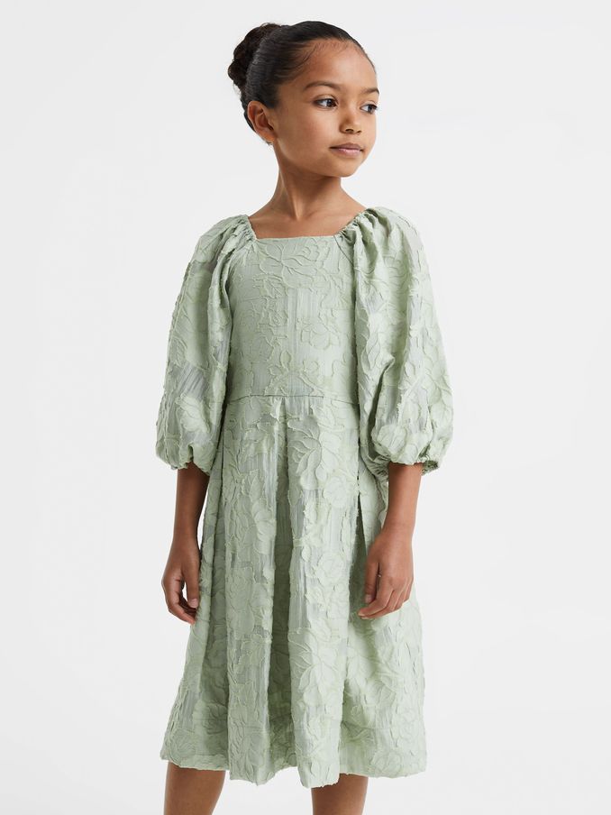 9-13 yrs Jacquard Puff Sleeve Dress in Sage (Q79058) | US$56