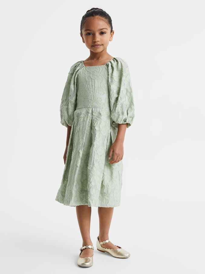 4-9 yrs Jacquard Puff Sleeve Dress in Sage (Q79061) | US$49