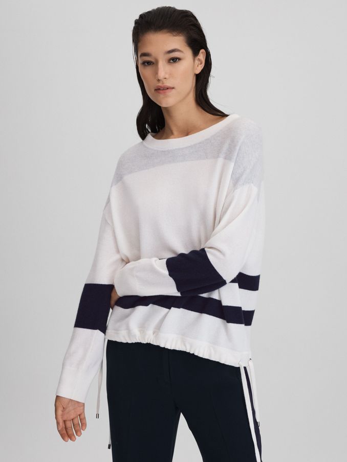 Wool Blend Striped Crew Neck Jumper in White/Grey (Q79093) | €69