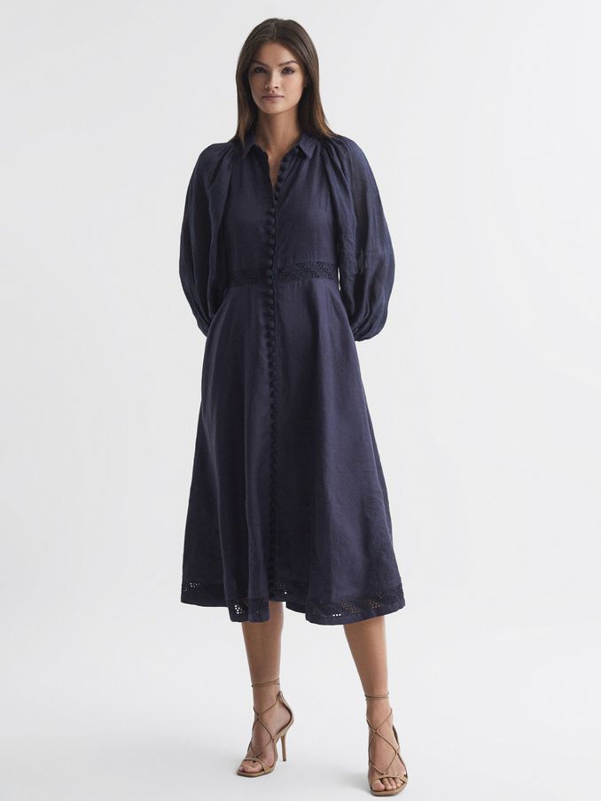 Joslin Linen Shirt Midi Dress in Navy (Q79922) | US$420