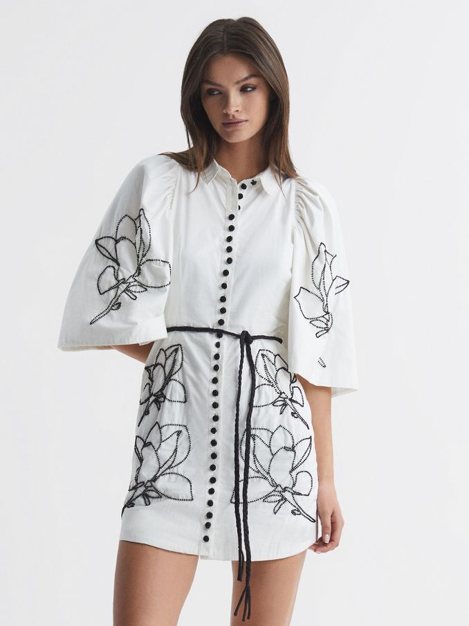 Joslin Beaded Cotton Shirt Mini Dress in White/Black (Q79924) | US$372