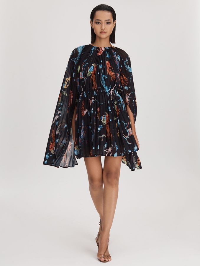 Leo Lin Pleated Bell Sleeve Mini Dress in Twilight Print Black (Q79956) | $545
