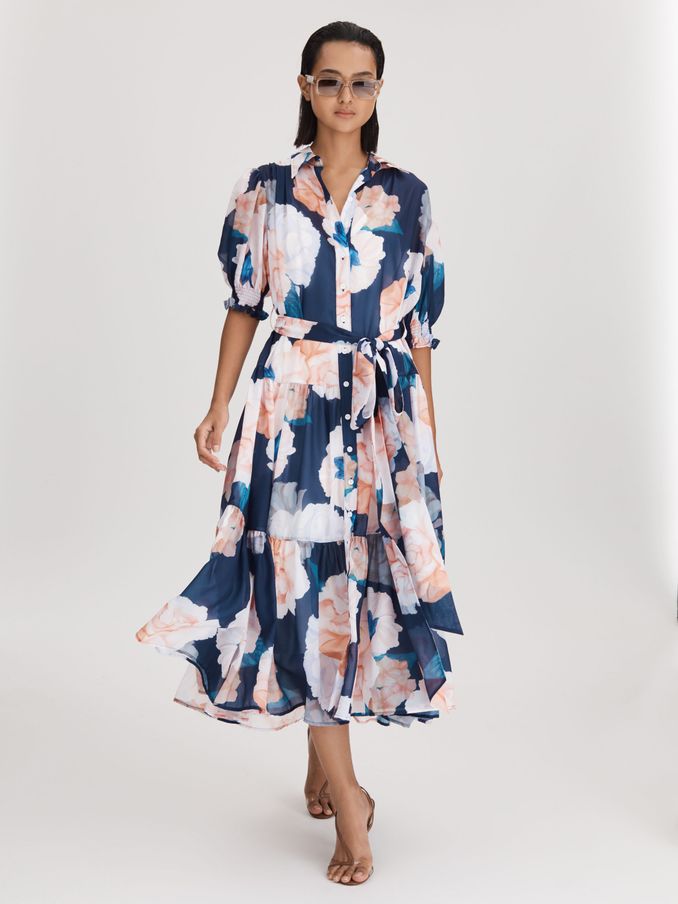 Leo Lin Printed Bishop Sleeve Midi Dress in Rosebud Print Navy (Q79968) | €323