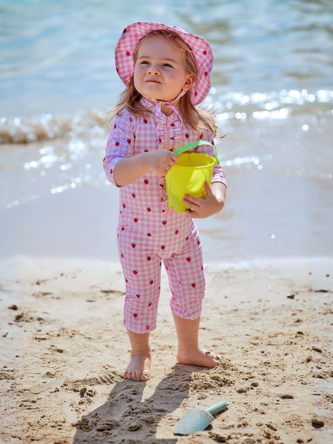 Pink Gingham UPF 50 1-Piece Sun Protection Suit (Q80316) | $33