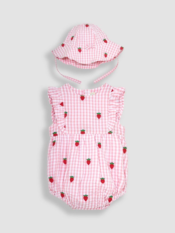 Pink 2-Piece Strawberry Embroidered Bubble Romper & Hat Set (Q80777) | $24