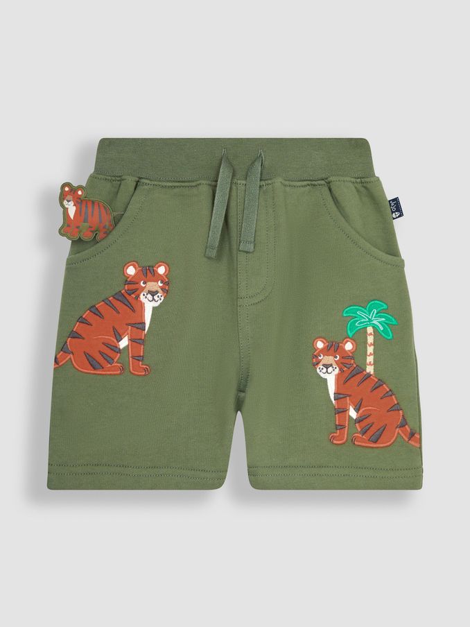 Khaki Green Tiger Appliqué Pet in Pocket Shorts (Q80855) | $12