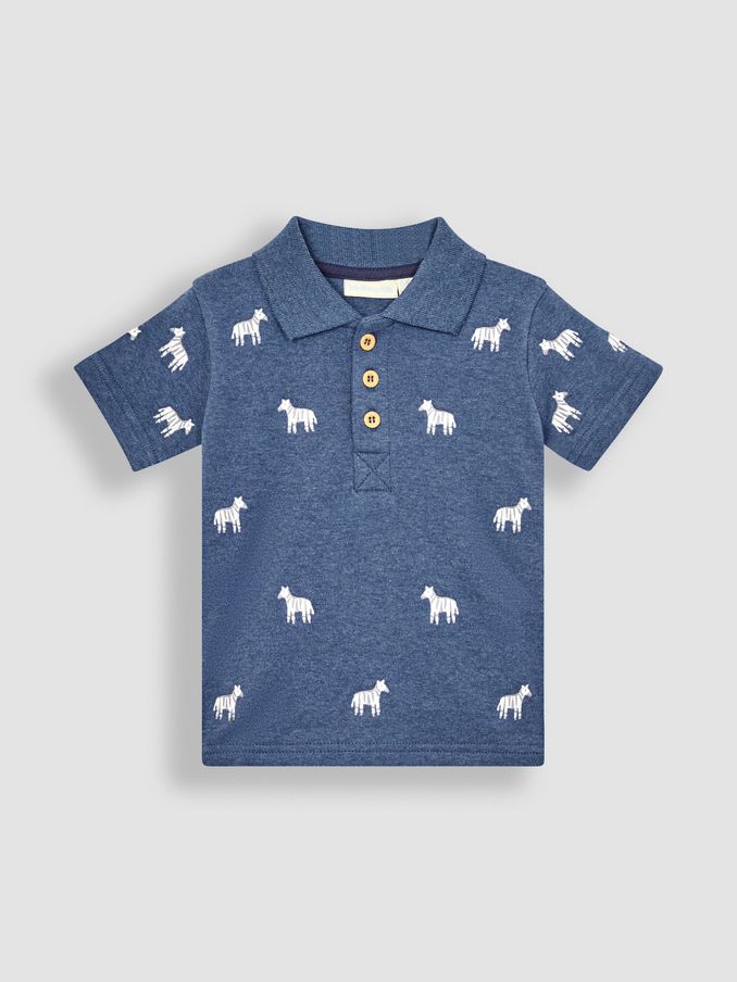 Denim Blue Zebra Short Sleeve Embroidered Polo Shirt (Q80864) | $10