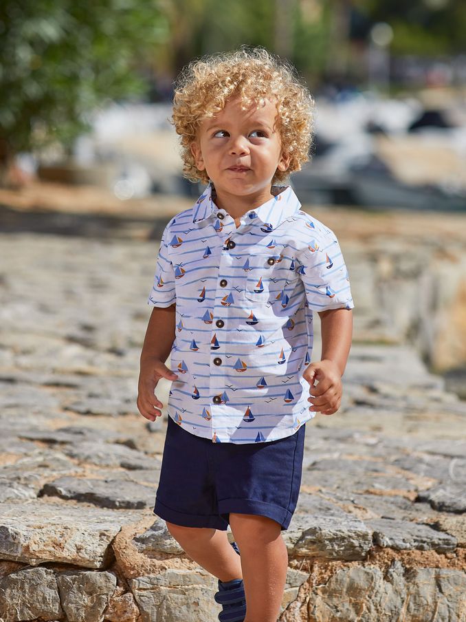 White Boat Printed Short Sleeve Shirt (Q81709) | $15