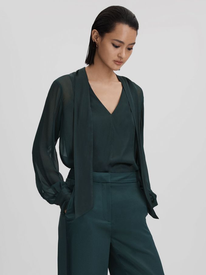Semi Sheer Satin Tie Neck Blouse in Green (Q82002) | $117