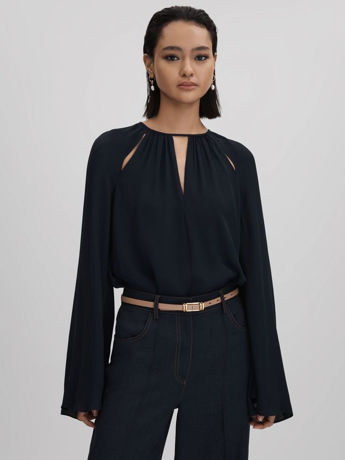 Cut-Out Flute Sleeve Blouse in Navy (Q82022) | US$78