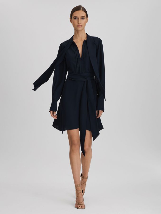 Tie Neck Zip Front Mini Dress in Navy (Q82024) | CHF 184