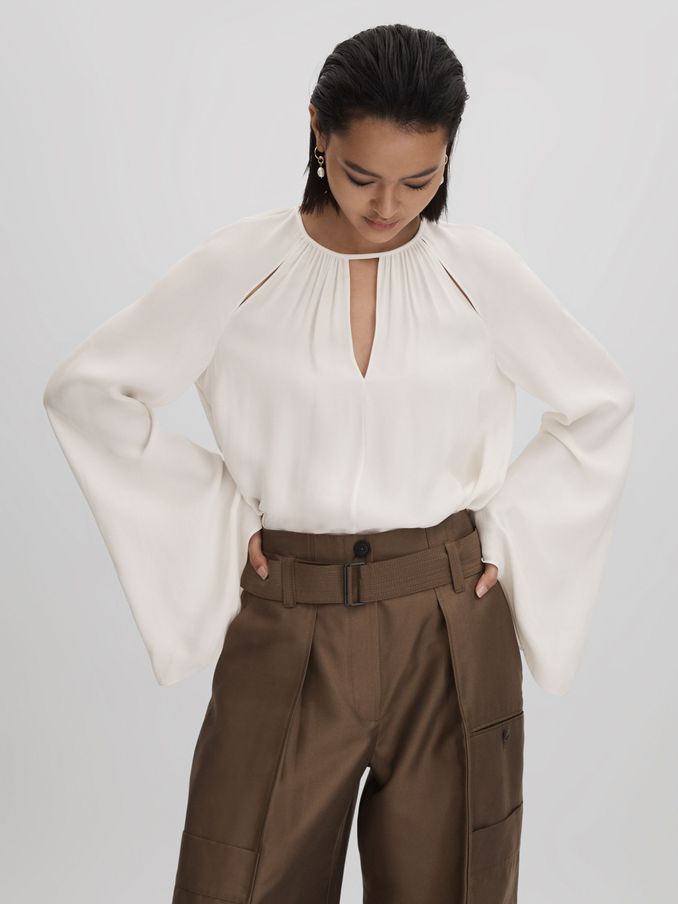 Cut-Out Flute Sleeve Blouse in Ivory (Q82044) | US$62