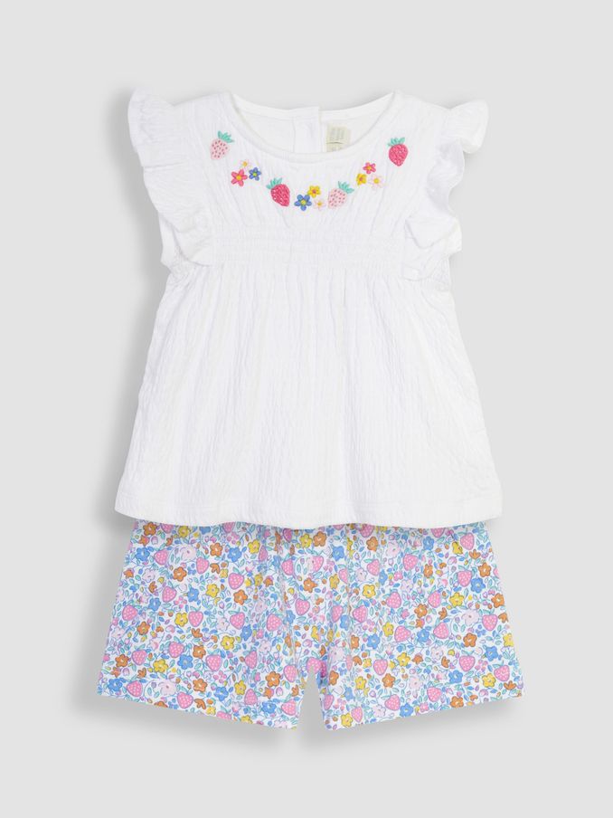 2-Piece Crinkle Cotton Blouse & Pretty Shorts Set in White (Q82944) | $19
