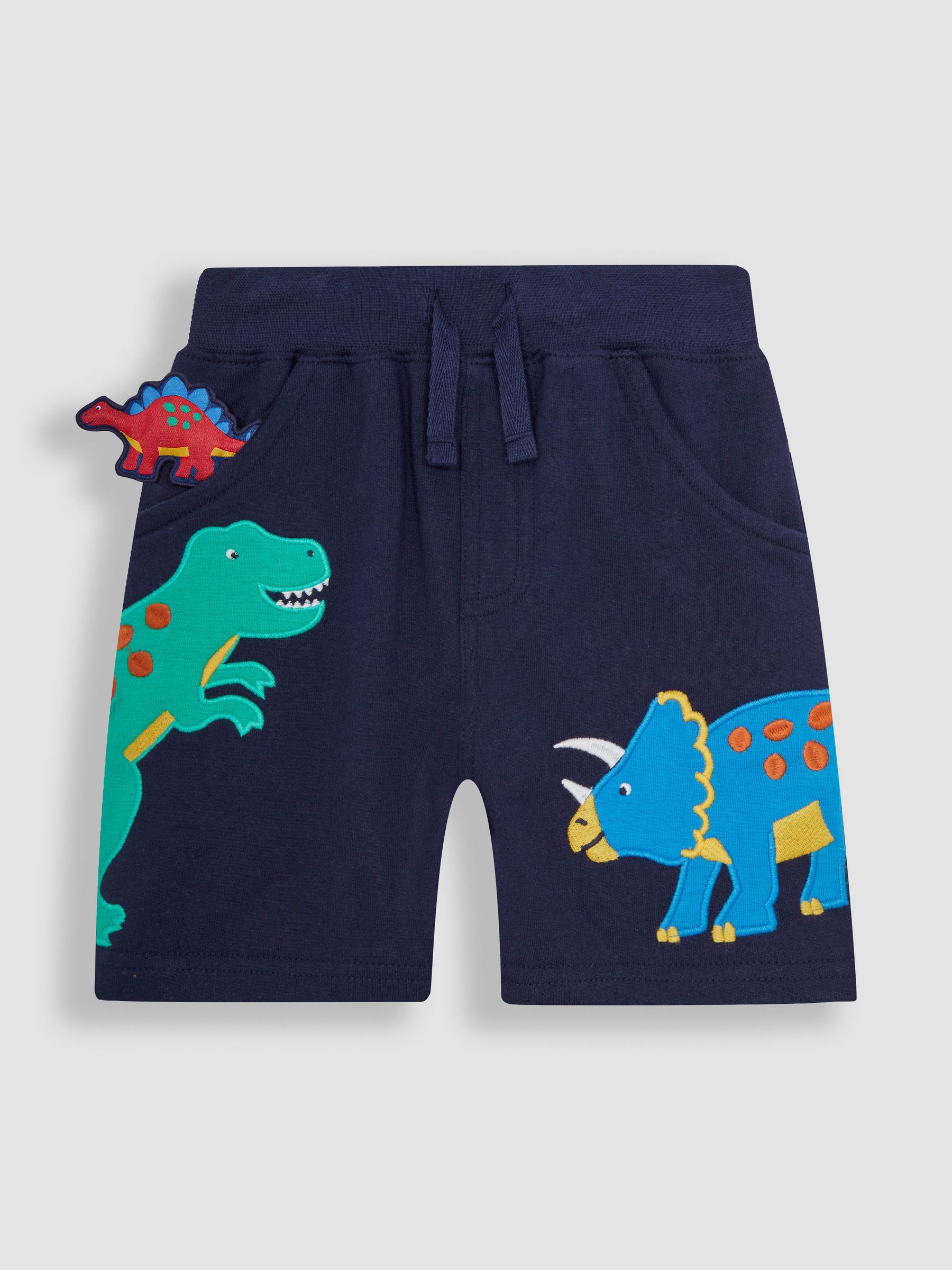 Navy Blue Dino Appliqué Pet in Pocket Shorts (Q83011) | $10