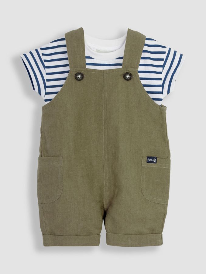 Khaki Green Cotton Linen Dungarees & T-Shirt Set (Q83175) | $21