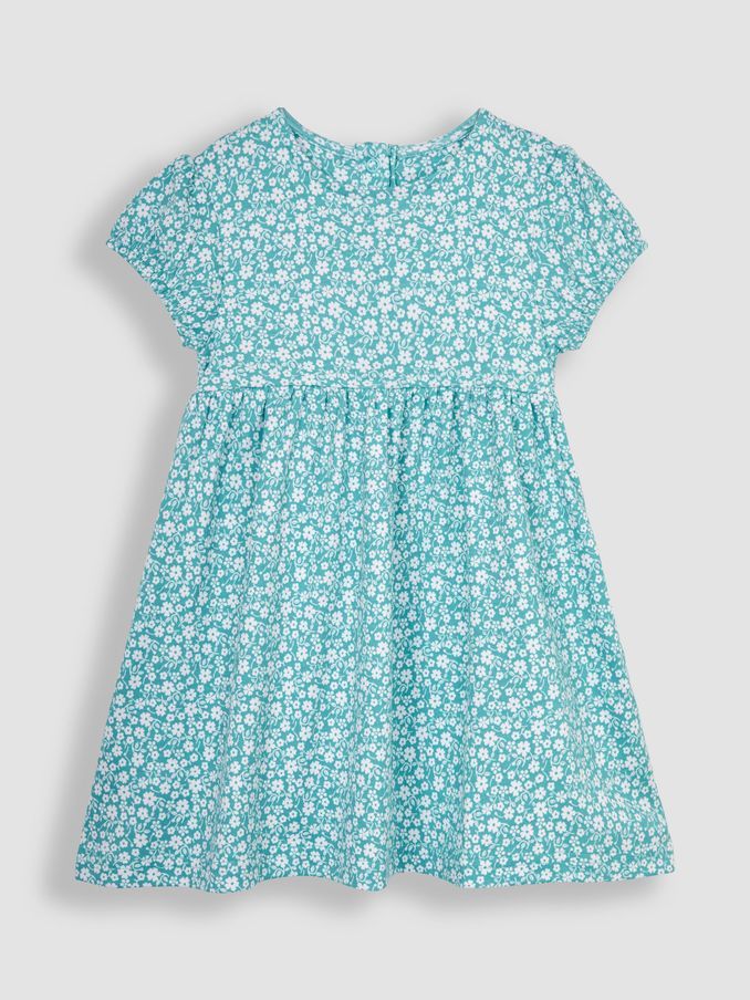 Duck Egg Blue Ditsy Floral Puff Sleeve Jersey Dress (Q83177) | $13