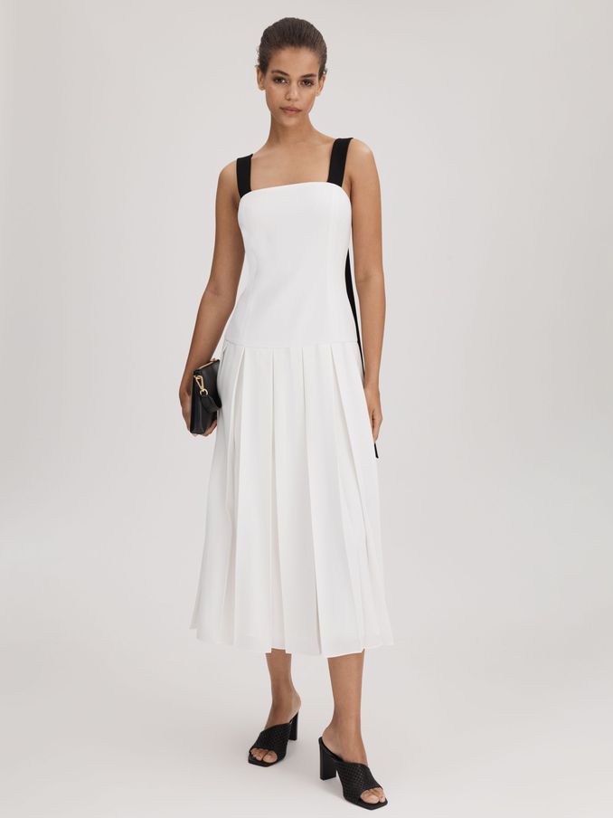 Florere Pleated Strappy Midi Dress in Off White (Q83280) | US$114