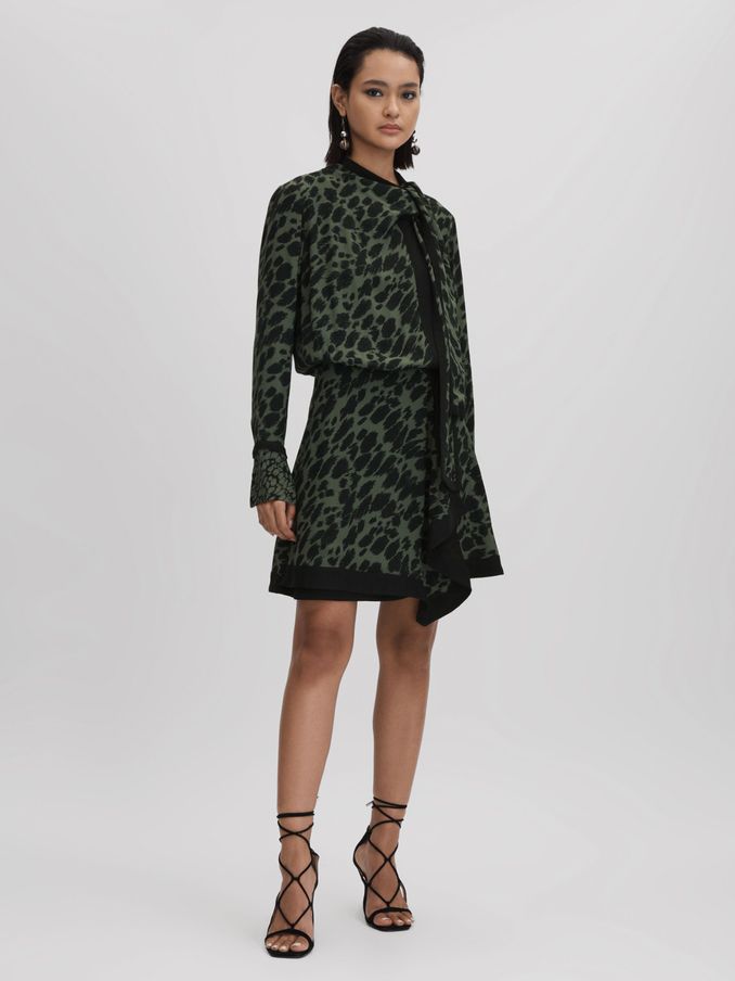 Printed Tie Neck Mini Dress in Black/Dark Khaki (Q83283) | AED336