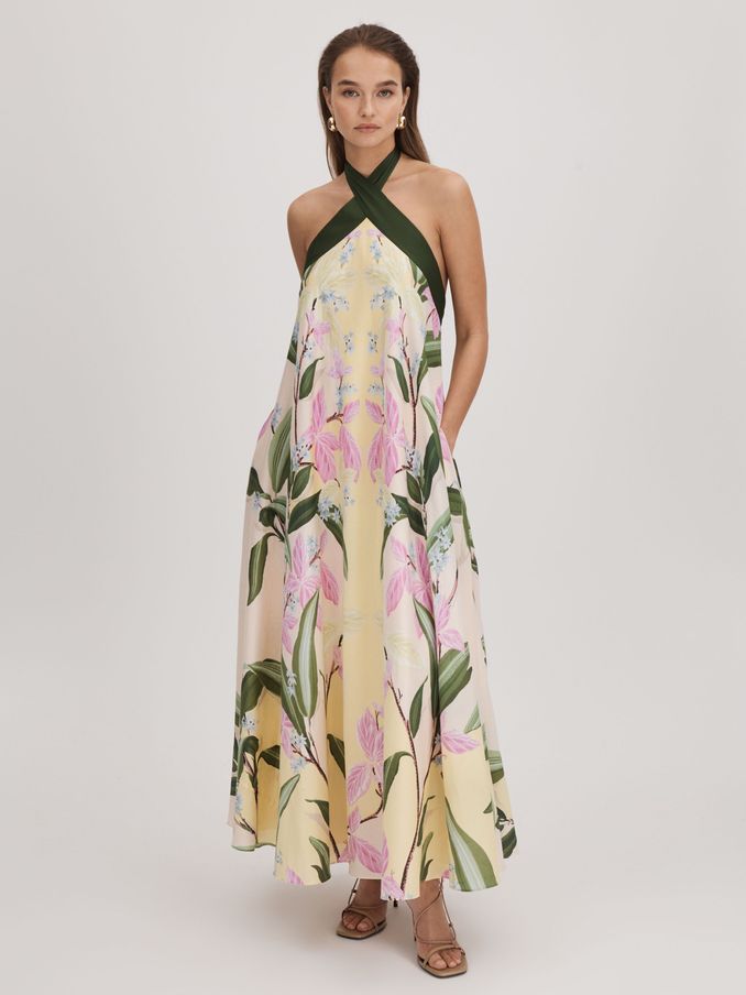 Florere Printed Halterneck Midi Dress in Pale Yellow (Q83285) | US$119