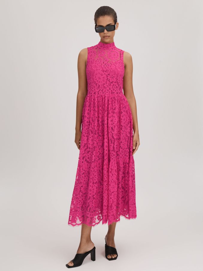 Florere Lace Tie Back Midi Dress in Bright Pink (Q83304) | $137