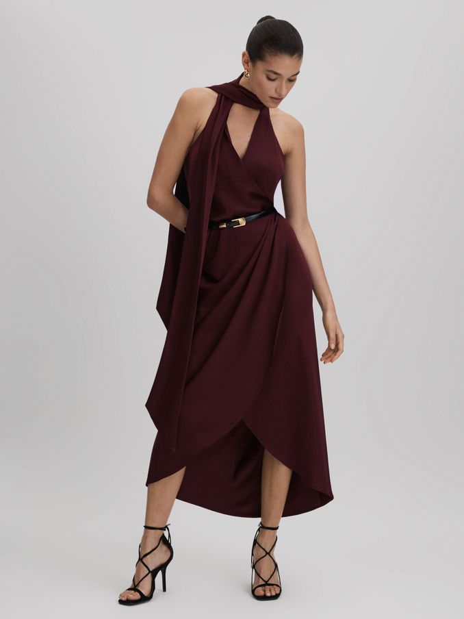 Satin Wrap Front Midi Dress in Burgundy (Q83314) | US$158