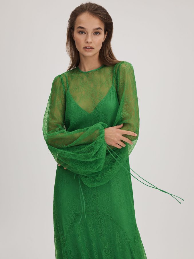 Florere Lace Midi Dress in Bright Green (Q83328) | US$114