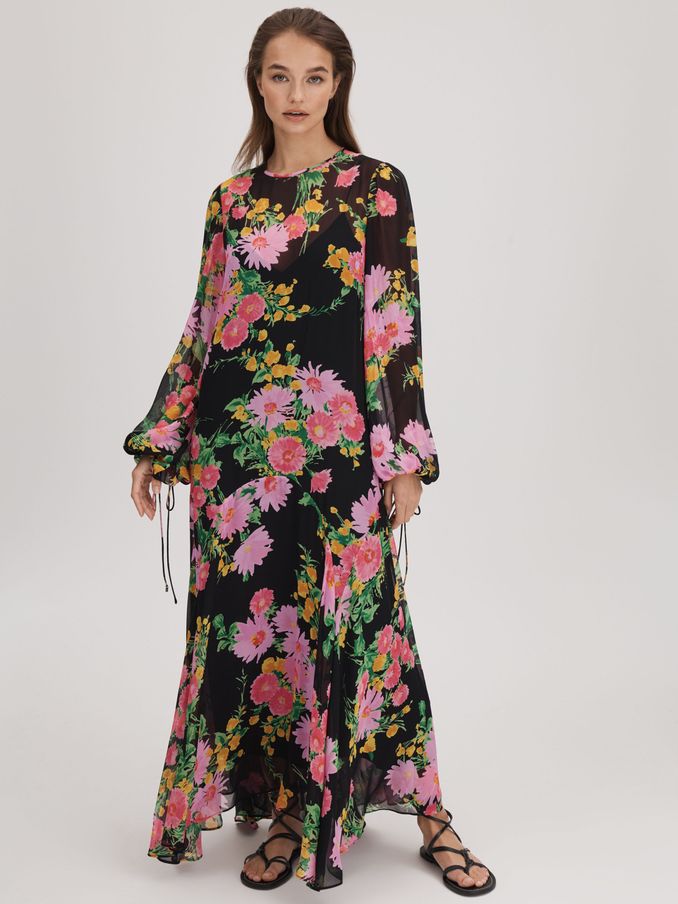 Florere Sheer Asymmetric Midi Dress in Pink/Black (Q83329) | US$141