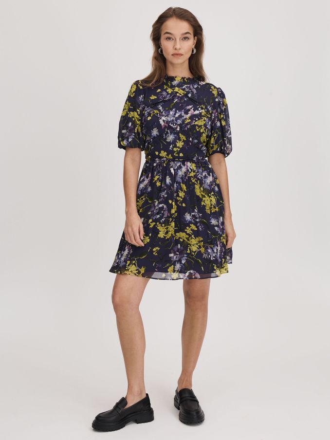 Florere Printed Puff Sleeve Mini Dress in Dark Purple (Q83332) | €96