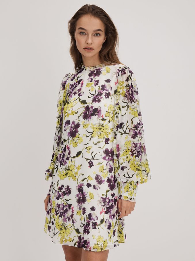 Florere Printed Blouson Sleeve Mini Dress in Ivory/Multi (Q83333) | US$114
