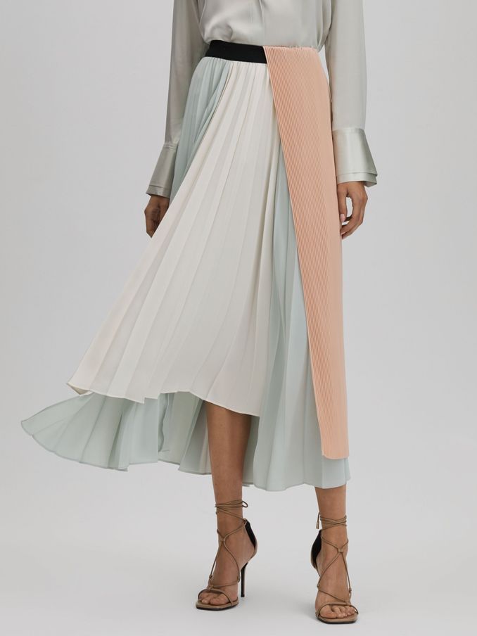 Pleated Asymmetric Midi Skirt in Pink/Cream (Q83335) | US$129