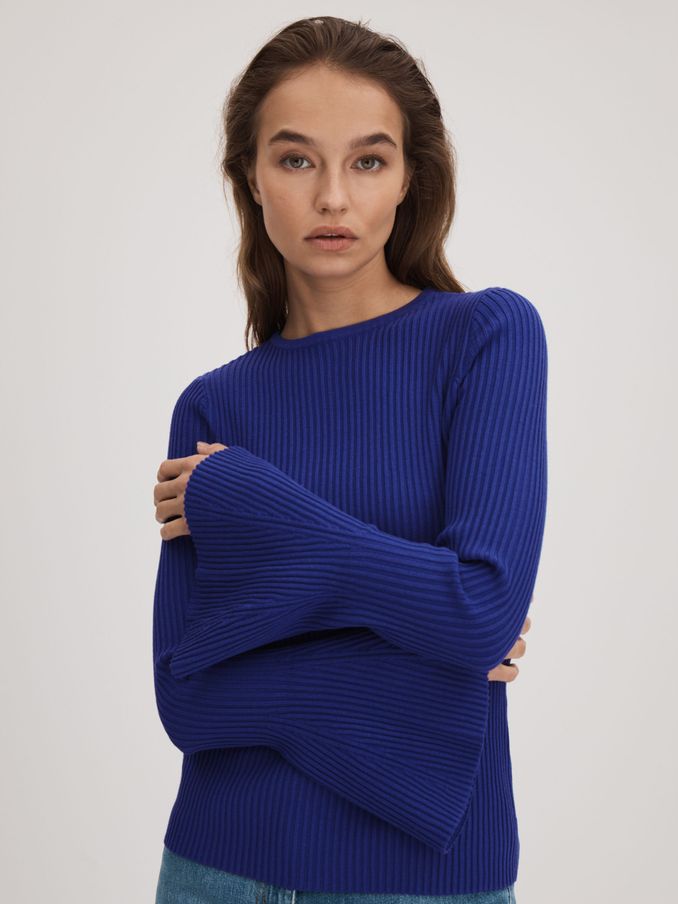 Florere Ribbed Fluted Cuff Jumper in Bright Blue (Q83340) | US$62
