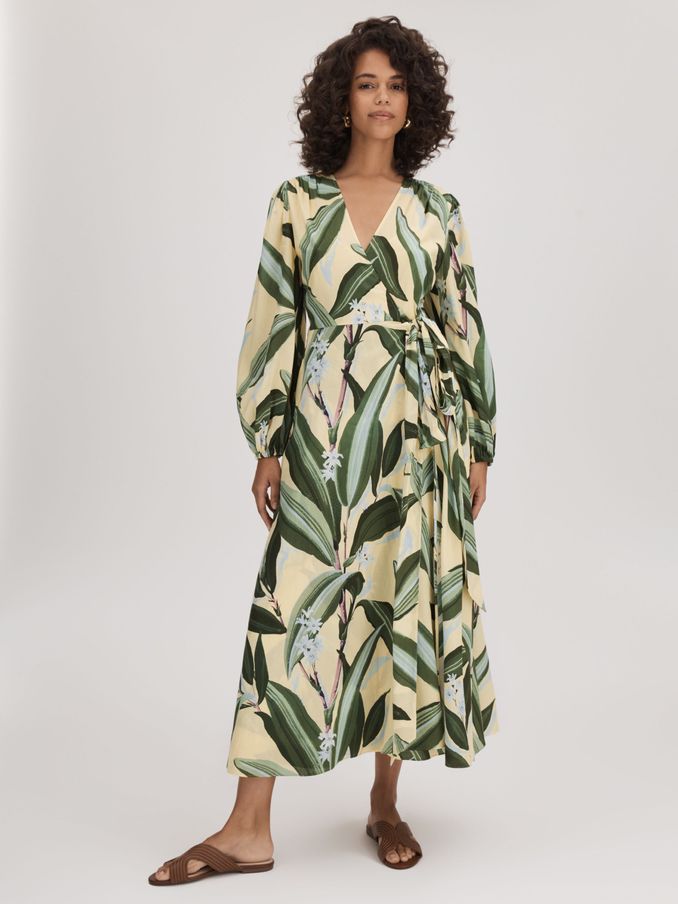 Florere Printed Wrap Midi Dress in Pale Yellow (Q83343) | €137