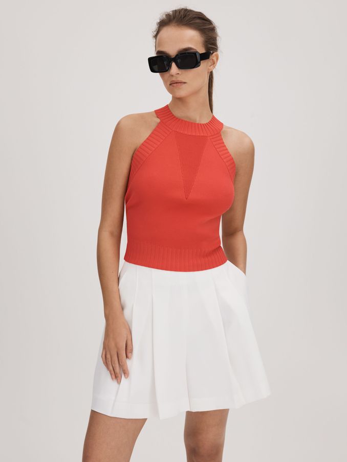 Florere Knitted Halter Neck Vest in Deep Coral (Q83356) | US$43