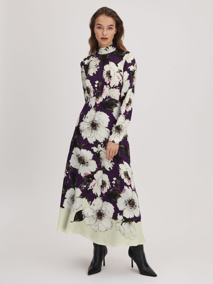 Florere Printed Zip Cuff Midi Dress in Blue/Khaki (Q83361) | US$98