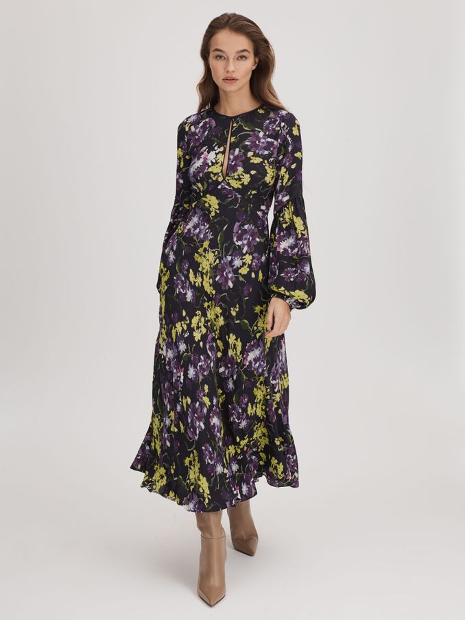 Florere Printed Blouson Sleeve Midi Dress in Dark Purple (Q83366) | €102